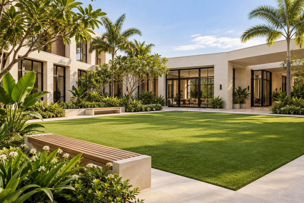 AI illustration: shared courtyard with an artificial turf lawn