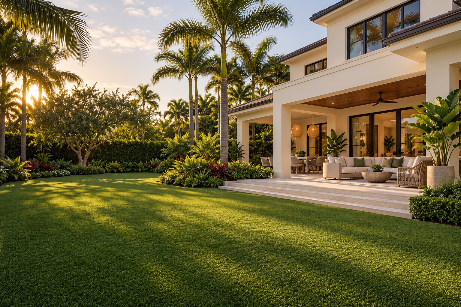 AI illustration: tropical backyard turf beside a contemporary cream home