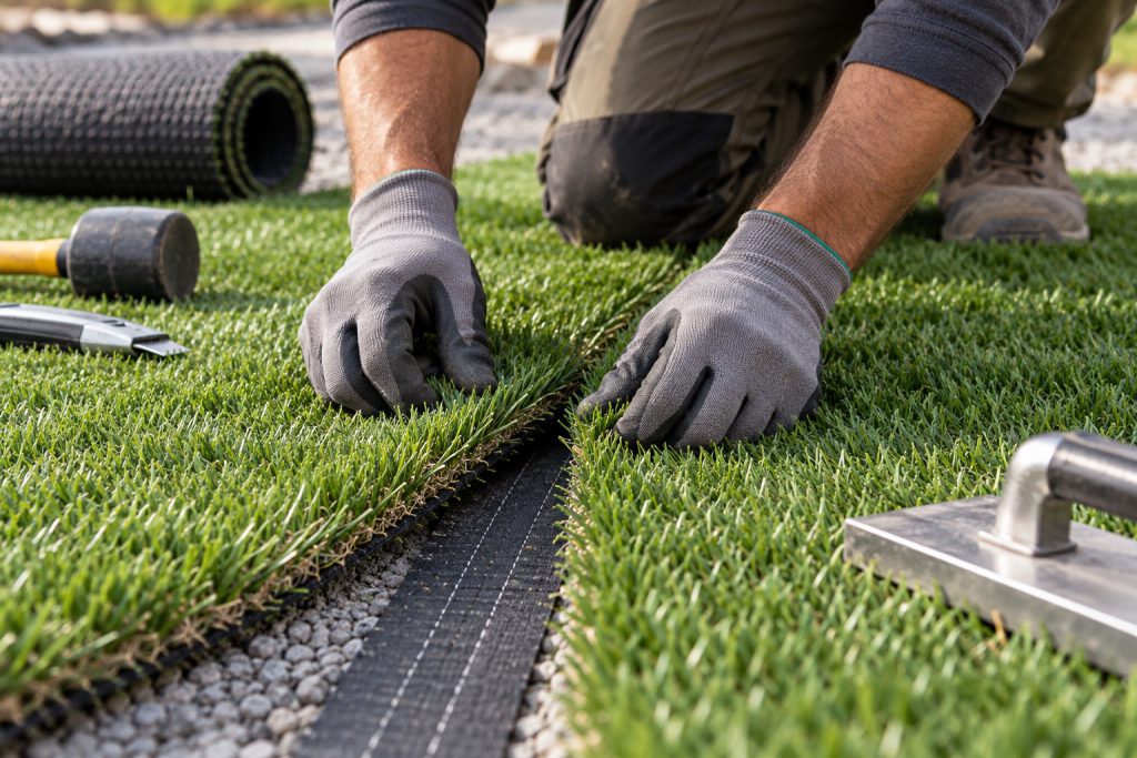 AI illustration: gloved hands aligning an artificial turf seam