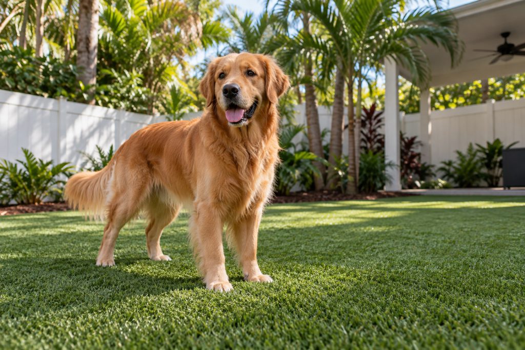 AI illustration: golden retriever in a fenced artificial turf yard
