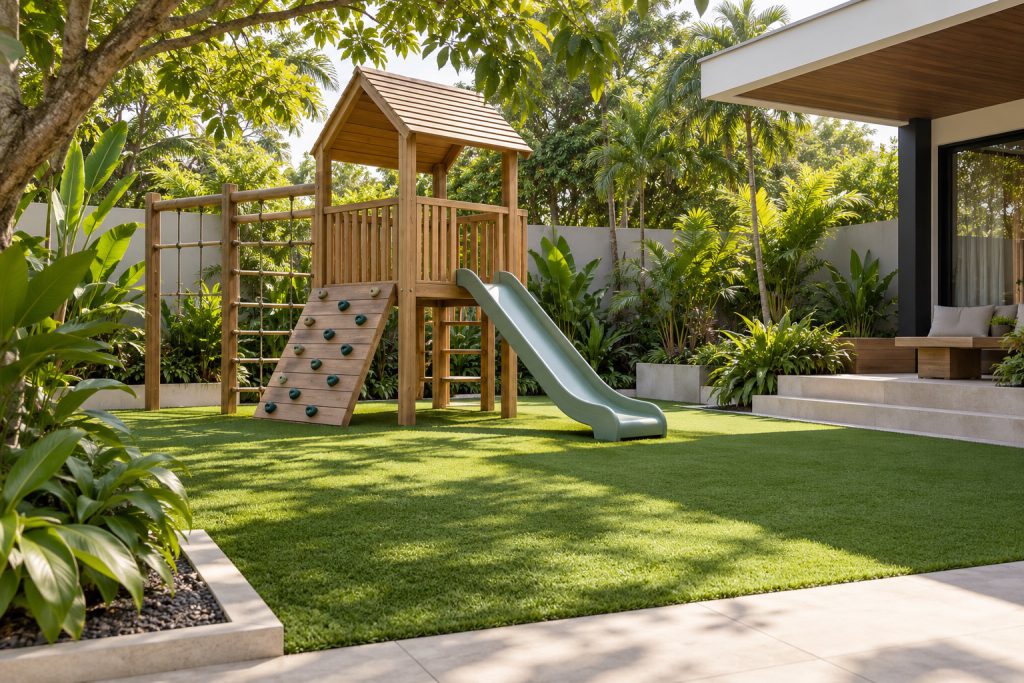 AI illustration: timber play equipment above a turf surface