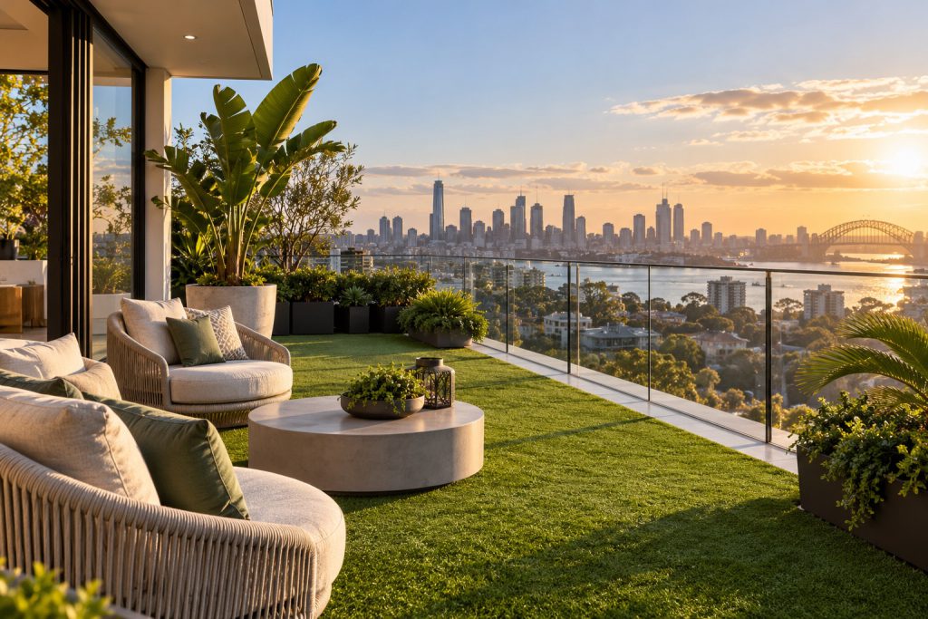 AI illustration: elevated terrace with turf and lounge seating